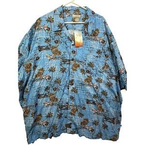 Ocean Coast Mens 3XL Blue Tropical Palm‎ Tree Beach Hawaii Scene Button Up Shirt